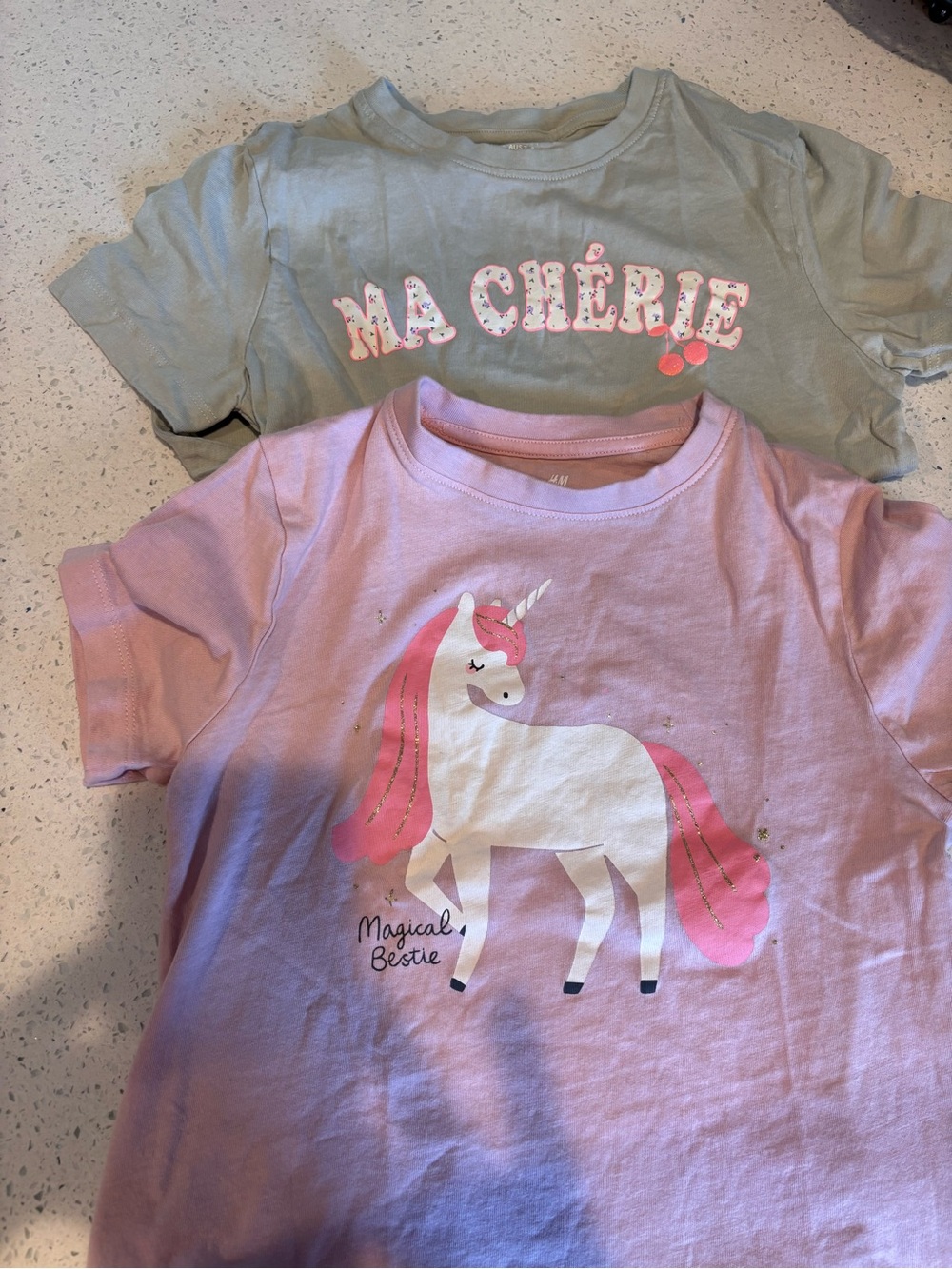 H&M Girls Pink Unicorn Tee with Green 'Ma Chérie' Top